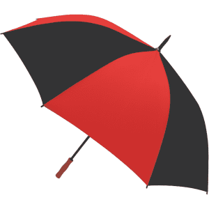 A red and black golf umbrella with a wooden handle and branding on the canopy.