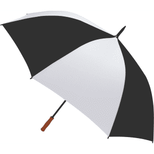 A two-toned black and white golf umbrella with a wooden handle and a curved design.