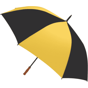 A golf umbrella featuring a yellow and black canopy with a curved wooden handle and a sturdy construction.