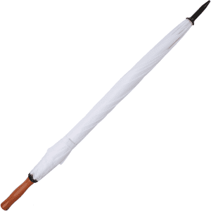 A white golf umbrella with a wooden handle and a pointed tip, featuring a logo on the canopy.