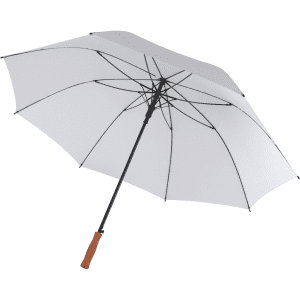 A white golf umbrella with a black frame and a wooden handle. It features a logo on its surface.