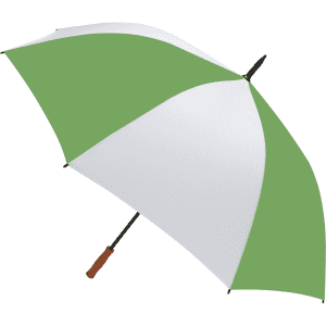 A golf umbrella featuring a green and white design with a wooden handle and a logo on the canopy.