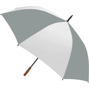 A grey and white golf umbrella with a wooden handle and a black frame, featuring a logo.