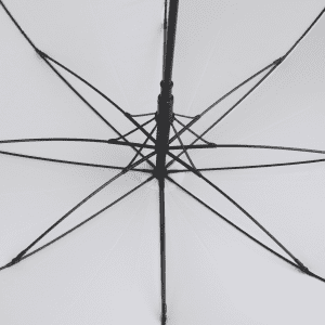 A black-framed umbrella with a white canopy, displaying the internal structure and ribs of the umbrella.