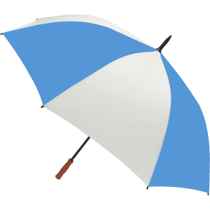 A golf umbrella with a blue and white canopy and a brown handle, featuring a logo.