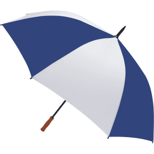 A navy and white golf umbrella with a curved wooden handle and a black shaft. It features a logo on the canopy.