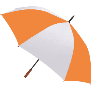 A golf umbrella in orange and white, featuring a sturdy handle and a logo on the canopy.