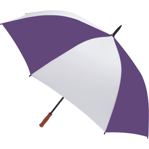 A purple and white golf umbrella with a curved handle and a logo on the canopy.