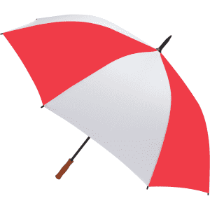 A golf umbrella in red and white with a wooden handle and a branding logo.