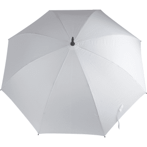 A white golf umbrella with a central pole and a black handle. It features an umbrella design and has a logo.
