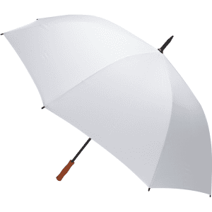 A white golf umbrella with a black frame and a wooden handle, featuring a logo on the canopy.