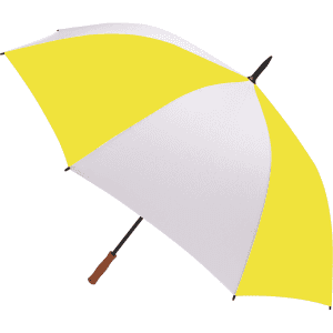 A golf umbrella featuring a yellow and white design with a wooden handle and a logo on the canopy.