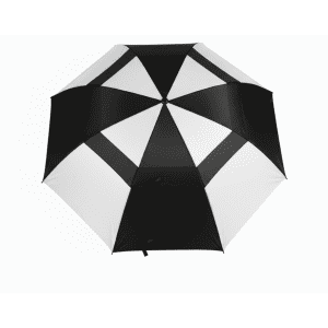 A black and white golf umbrella with a geometric design and a handle, featuring a logo.