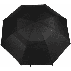 A black golf umbrella with an octagonal shape and a central handle, featuring a logo.