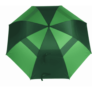 A green golf umbrella featuring a multi-panel design and a handle with a strap. It includes a logo.