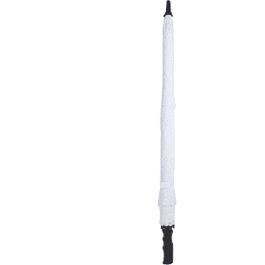 A white golf umbrella with a black handle, featuring a logo on the surface.
