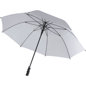 A large white golf umbrella with a black handle and frame, featuring a sturdy design for outdoor use.