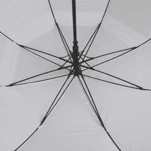 An elegant white golf umbrella featuring a sturdy black frame and ribs for support. It includes a branding logo.