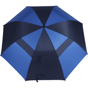 A blue and navy golf umbrella featuring a logo, designed for protection from rain and sun.