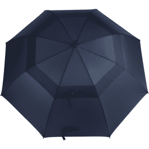 A navy golf umbrella with an octagonal shape and a black handle, featuring a logo on the canopy.