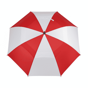 A golf umbrella featuring alternating red and white panels, with a central opening mechanism and a logo.