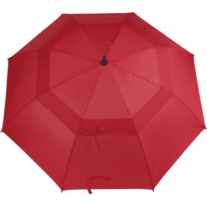 A red golf umbrella with a central handle and a sturdy, octagonal design. It features a logo on the canopy.