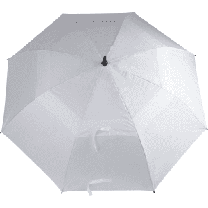 A white golf umbrella featuring a black handle and a logo, designed for outdoor use.