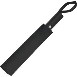 A black umbrella with a protective cover and a carrying strap, featuring a logo on the handle.