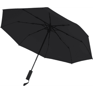A black umbrella with a curved handle and a standard eight-panel design, featuring a logo.
