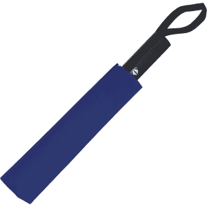 A navy blue umbrella in a matching sleeve, featuring a black handle and a logo on the handle.