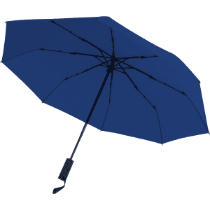 A navy blue umbrella with a black handle and multiple ribs for support. It features a logo on the handle.