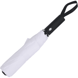 A white umbrella with a black handle and a carrying strap, featuring a logo on the handle.