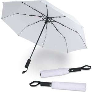A white umbrella with a black handle, featuring a compact design for easy storage. It has a logo on the handle.