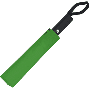 A green umbrella in a matching sleeve with a black handle and a loop for hanging.