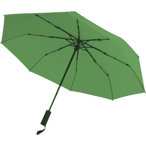 A green umbrella with a black frame and handle, featuring a logo on the handle.