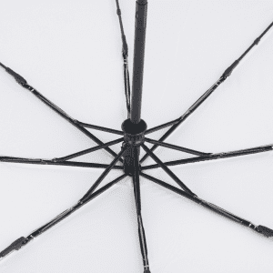 A black umbrella frame with multiple ribs and a central pole, designed for stability and support.