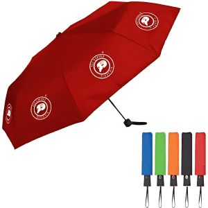 A red umbrella with a logo, accompanied by five matching sleeve options in blue, green, orange, black, and grey.