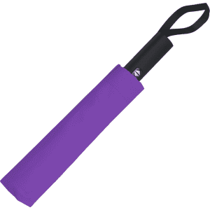 A purple umbrella with a black handle, folded and secured with a strap. It features a branding logo.