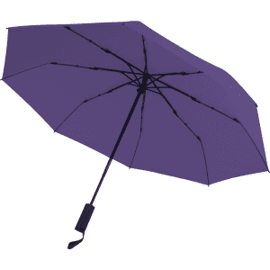 A purple umbrella with a black handle and frame, featuring a logo on the handle.