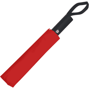 A red umbrella with a black handle, stored in a matching red sleeve. The umbrella includes a branding logo.