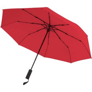 A red umbrella with a black handle and spokes, featuring a logo on the handle.