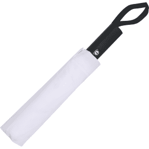 A compact black umbrella with a white cover and a loop handle for easy carrying.