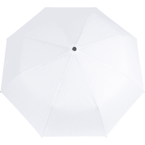 A white umbrella with a central black button, featuring a simple design and vented canopy for improved airflow.