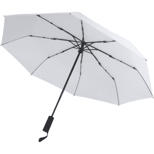 A white umbrella with a black handle and frame, featuring a logo on the handle.