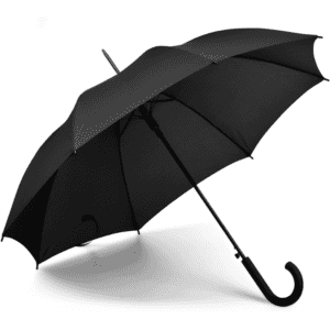 A black umbrella with a curved handle, featuring a simple design and a sturdy structure.