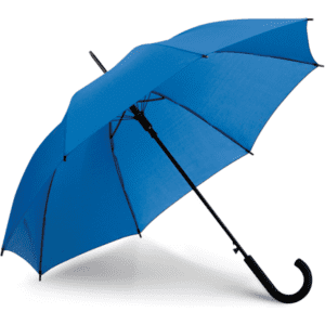A blue umbrella with a curved black handle and a sleek design. It features a branding logo.