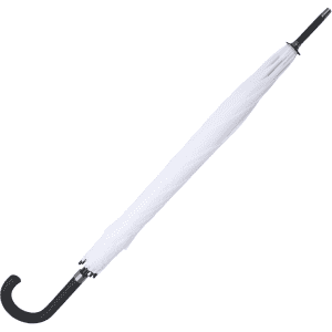 A white umbrella with a black curved handle, featuring a logo on the handle.