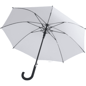 A white umbrella with a curved black handle and a sturdy frame, featuring a logo on the canopy.