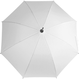 A white umbrella with a central opening mechanism and a simple design. It features a logo on the fabric.