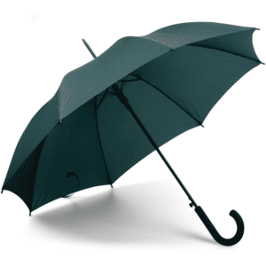 A green umbrella with a curved handle and a black interior, featuring a branding logo.
